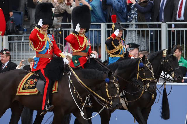 <p>Mike Marsland/WireImage</p> Prince William, Prince Edward and Princess Anne ride at Trooping the Colour on June 15, 2024.