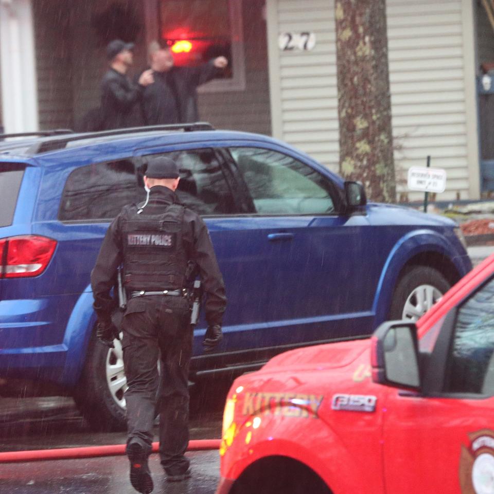 Kittery police and fire respond to Foxwell Apartments on Manson Avenue during heavy rain for a fire Thursday, March 28, 2024.