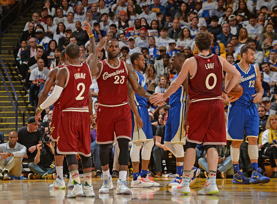 LeBron James’ partnership with Kyrie Irving and Kevin Love produced three straight NBA Finals appearances and the first NBA championship in Cavaliers history. (Getty)