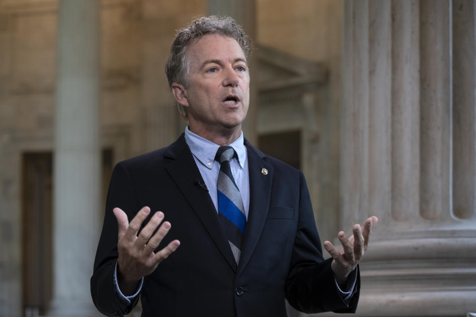 Sen. Rand Paul, R-Ky., talks during a TV interview on Capitol Hill in Washington. (AP)