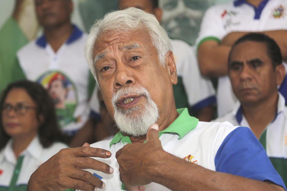 Leader of National Congress of the Reconstruction of East Timor (CNRT) party and former independence fighter Xanana Gusmao gestures as he speaks during a press conference in Dili, East Timor, Tuesday, May 23, 2023. The country's opposition party won Sunday's parliamentary election, meaning that Gusmao is likely to return as prime minister in Asia's youngest democracy. (AP Photo/Lorenio L. Pereira)