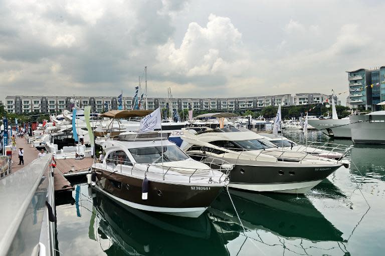 Luxury boats and yachts on display during the Singapore Yacht show at ONE°15 Marina Club at Sentosa cove on April 10, 2014