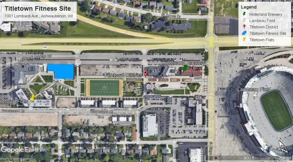 The site marked in blue is where Titletown Development wants to build a new, two-story fitness center. The new addition to the Green Bay Packers' Titletown District would include two retail spaces as well.