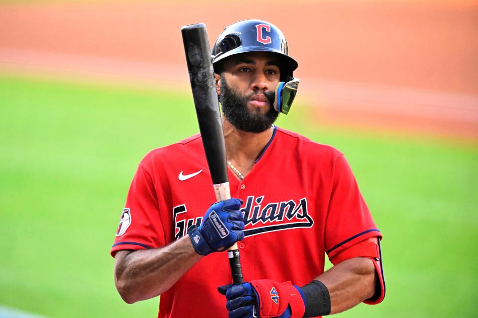 Guardians shortstop Amed Rosario stands on deck in the first inning against the Minnesota Twins, Wednesday, June 29, 2022, in Cleveland.