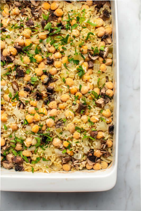 <p>This dump-and-bake chickpea and rice casserole is easy and delicious! Made from only 10 plant-based ingredients, it delivers big flavor with minimal effort.</p><p><strong>Get the recipe: <a href="https://frommybowl.com/vegan-chickpea-rice-casserole/" rel="nofollow noopener" target="_blank" data-ylk="slk:Vegan Chickpea and Rice Casserole;elm:context_link;itc:0;sec:content-canvas" class="link rapid-noclick-resp">Vegan Chickpea and Rice Casserole</a></strong></p>