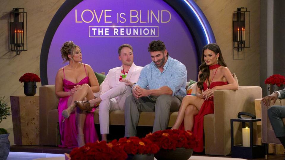 Sarah Ann Bick, Jeramey Lutinski, Trevor Sova and Jessica Vestal reunite at the season 6 reunion episode of “Love is Blind.”