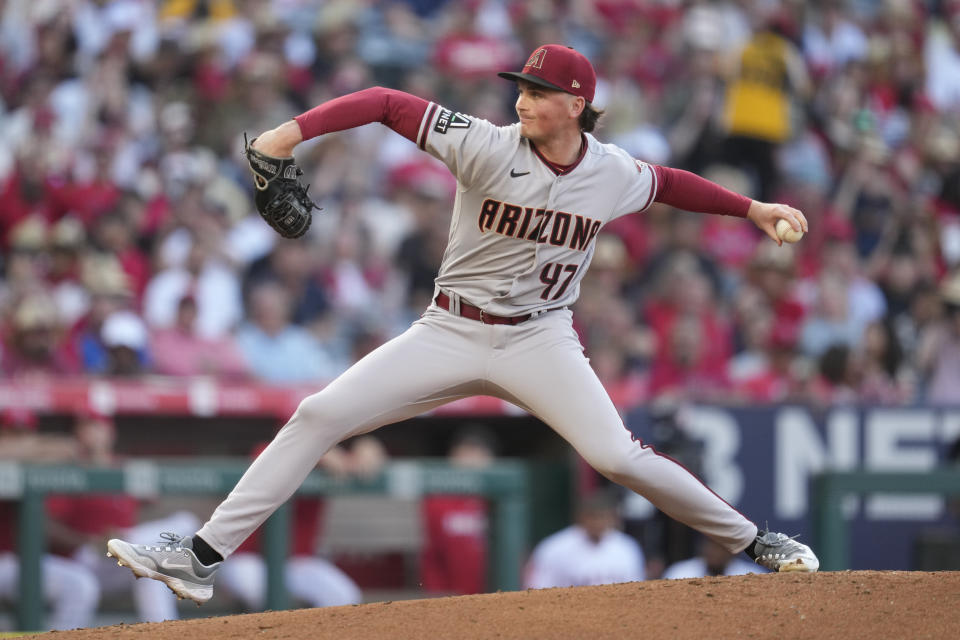 Arizona Diamondbacks starting pitcher Tommy Henry (47) throws during the first inning of a baseball game against the Los Angeles Angels in Anaheim, Calif., Friday, June 30, 2023. (AP Photo/Ashley Landis)