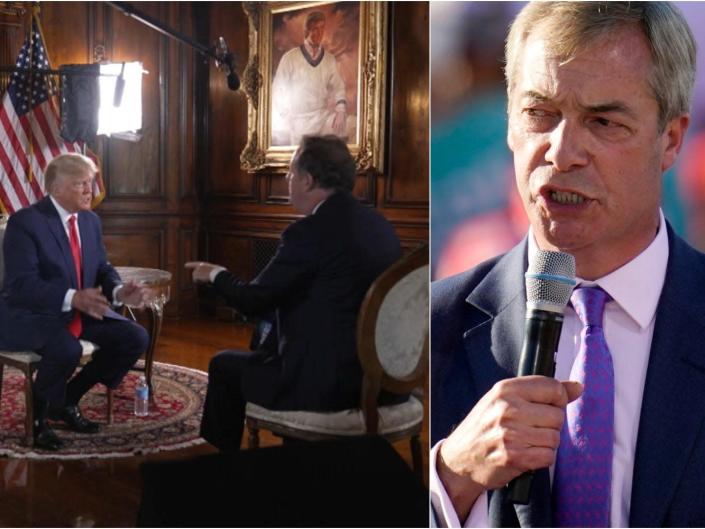 Former President Donald Trump appears on "Piers Morgan Uncensored," left, and Nigel Farage, right, speaks at a rally.