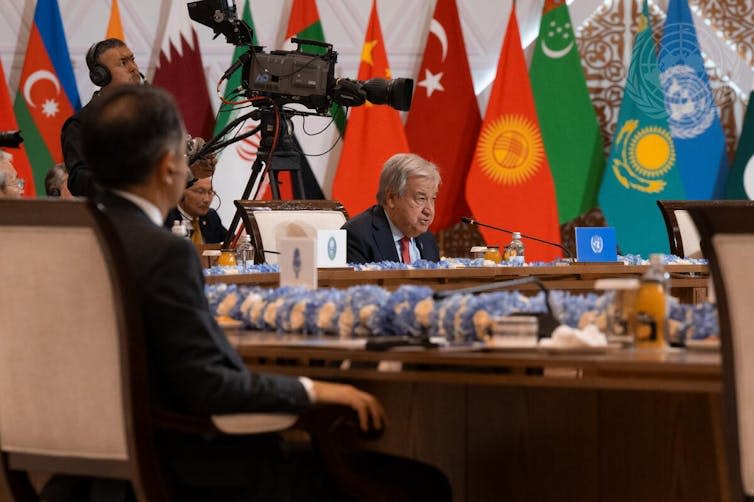 UN photo showing secretary general, António Guterres, addressing the  SCO.