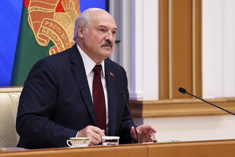 Belarusian President Alexander Lukashenko speaks during an annual press conference in Minsk, Belarus, Monday, Aug. 9, 2021.Belarus' authoritarian leader on Monday charged that the opposition was plotting a coup in the runup to last year's presidential election that triggered a monthslong wave of mass protests. President Alexander Lukashenko held his annual press conference on Monday, the one-year anniversary of the vote that handed him a sixth term in office but was denounced by the opposition and the West as rigged. (Maxim Guchek/BelTA photo via AP)