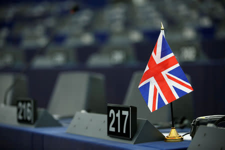 A Union Jack flag is seen on the desk of a Member of the European Parliament ahead of a debate on BREXIT after the vote on british Prime Minister Theresa May's Brexit deal, at the European Parliament in Strasbourg, France, January 16, 2019. REUTERS/Vincent Kessler