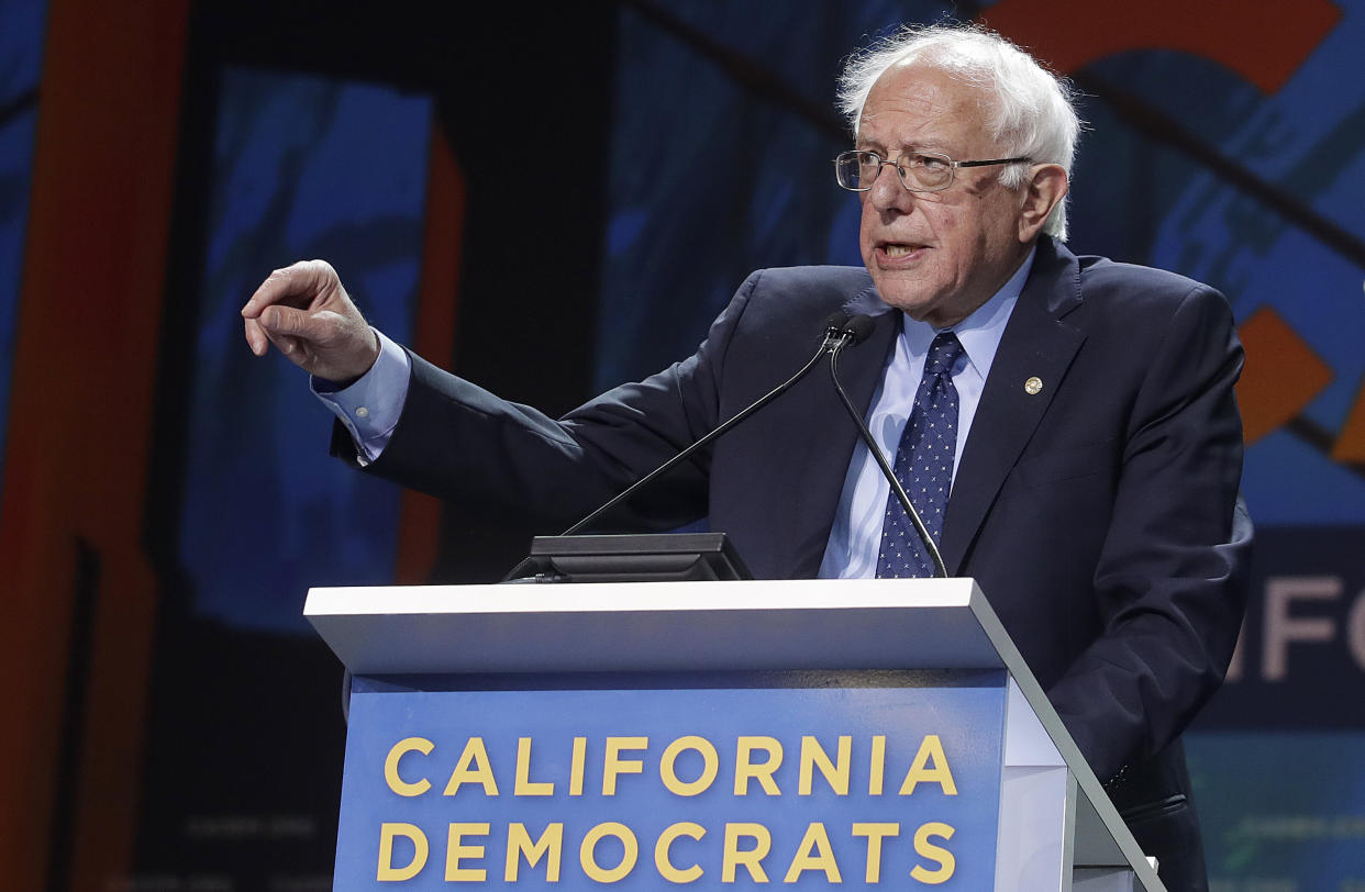 Sen. Bernie Sanders (I-Vt.) speaks during the 2019 California Democratic Party convention in San Francisco on Sunday. (Photo: ASSOCIATED PRESS/Jeff Chiu)