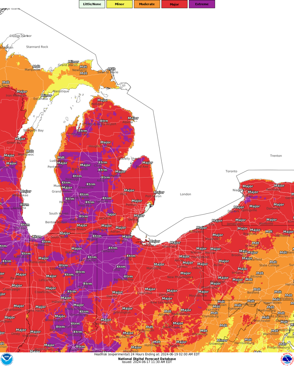The National Weather Service shows that much of the Great Lakes will be under