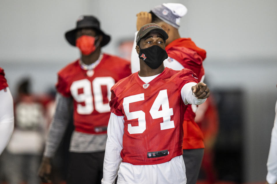 Tampa Bay Buccaneers inside linebacker Lavonte David during NFL football practice, Tuesday, Feb. 2, 2021 in Tampa, Fla. The Buccaneers will face the Kansas City Chiefs in Super Bowl 55. (Tori Richman/Tampa Bay Buccaneers via AP)