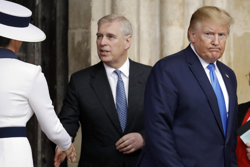 FILE - President Donald Trump, right, and first lady Melania Trump, left, accompanied by Britain's Prince Andrew, leave after a tour of Westminster Abbey in London, June 3, 2019. Social media is abuzz with news that a judge is about to release a list of "clients," or "associates" or maybe "co-conspirators," of Jeffrey Epstein, the jet-setting financier who killed himself in 2019 while awaiting trial on sex trafficking charges. While some previously sealed court records are indeed being made public, the great majority of the people whose names appear in those documents are not accused of any wrongdoing. (AP Photo/Matt Dunham, File)