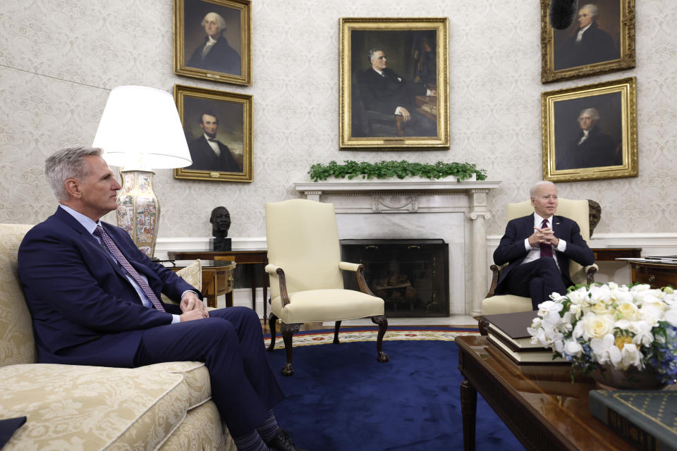 WASHINGTON, DC - MAY 09: U.S. Speaker of the House Kevin McCarthy (R-CA) and President Joe Bided meet with other lawmakers in the Oval Office of the White House on May 09, 2023 in Washington, DC. The Congressional lawmakers met with the President to negotiate how to address the debt ceiling before June 1, when U.S. Treasury Secretary Janet Yellen warned Congress that the United States would default on their debts. (Photo by Anna Moneymaker/Getty Images)