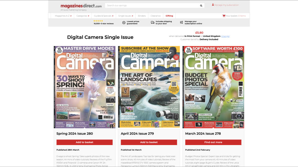 Landing page of Magazines Direct web store, for purchasing single issue copies of Digital Camera magazine