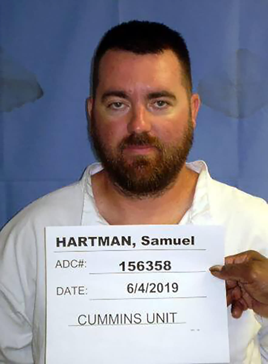 FILE - This booking photo provided by the Arkansas Department of Correction shows Samuel Hartman, who escaped from an east Arkansas prison on Friday, Aug. 12, 2022. The U.S. Marshals Service announced that Hartman was arrested Tuesday, Aug. 29, 2023, along with his wife, his mother and his mother's boyfriend at a hotel in Lewisburg, W.Va. (Arkansas Department of Correction via AP, File)