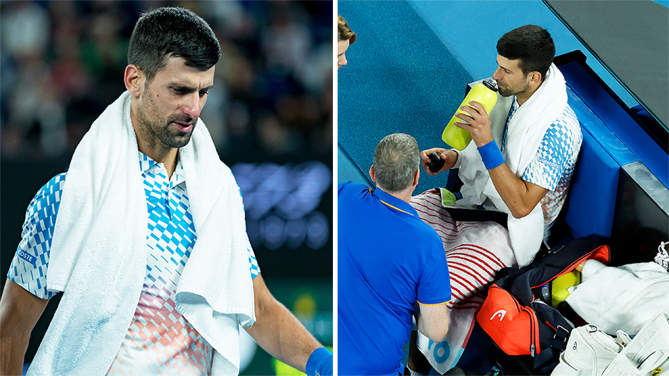 Novak Djokovic (pictured left) walks off the court and (pictured right) Djokovic receives attention on his hamstring,