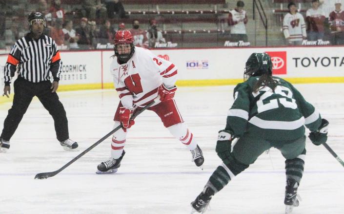 Wisconsin's Natalie Buchbinder, shown against Bemidji State earlier this season, suffered a lower leg injury before the Badgers' game Saturday and is out for the season.
