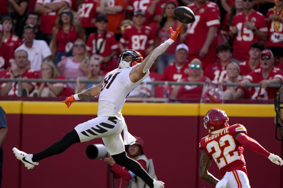 Cincinnati Bengals wide receiver Jermaine Burton (81) is unable to catch a pass in the end zone as Kansas City Chiefs cornerback Trent McDuffie (22) defends during the first half of an NFL football game Sunday, Sept. 15, 2024, in Kansas City, Mo. (AP Photo/Charlie Riedel)