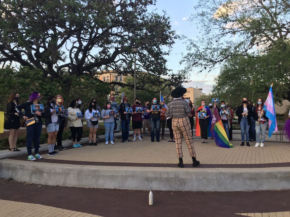 <div class="inline-image__caption"><p>Students counterprotest to raise awareness about anti-trans legislation in Texas and condemn the discrimination that the LGBTQ+ community faces at Texas A&M. </p></div> <div class="inline-image__credit">Frey Miller</div>
