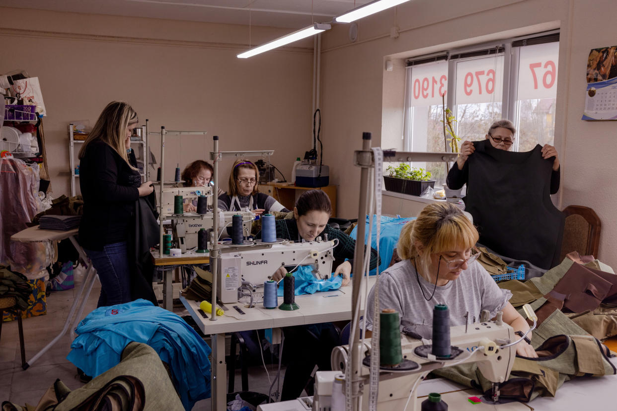 Volunteers take over a factory to sew flak jackets for Ukrainian troops in Lviv, Ukraine, on March 8, 2022.