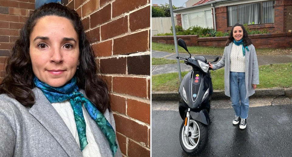Claudia Cortis Brown next to a wall (left) and with her scooter (right).