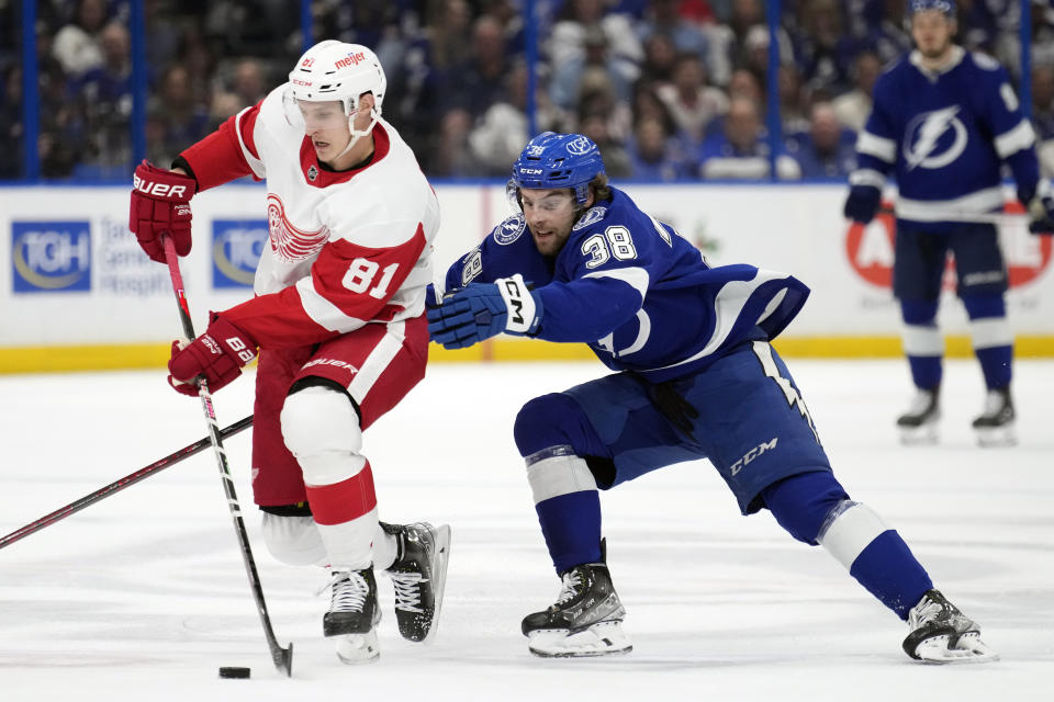 Tampa Bay Lightning left wing Brandon Hagel (38) grabs Detroit Red Wings left wing Dominik Kubalik (81) as he carries the puck during the second period of an NHL hockey game Tuesday, Dec. 6, 2022, in Tampa, Fla. (AP Photo/Chris O'Meara)