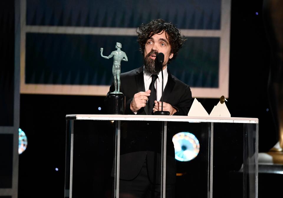 Peter Dinklage accepts the award for outstanding performance by a male actor in a drama series for his role as Tyrion Lannister in “Game of Thrones” during the 26th Annual Screen Actors Guild Awards.