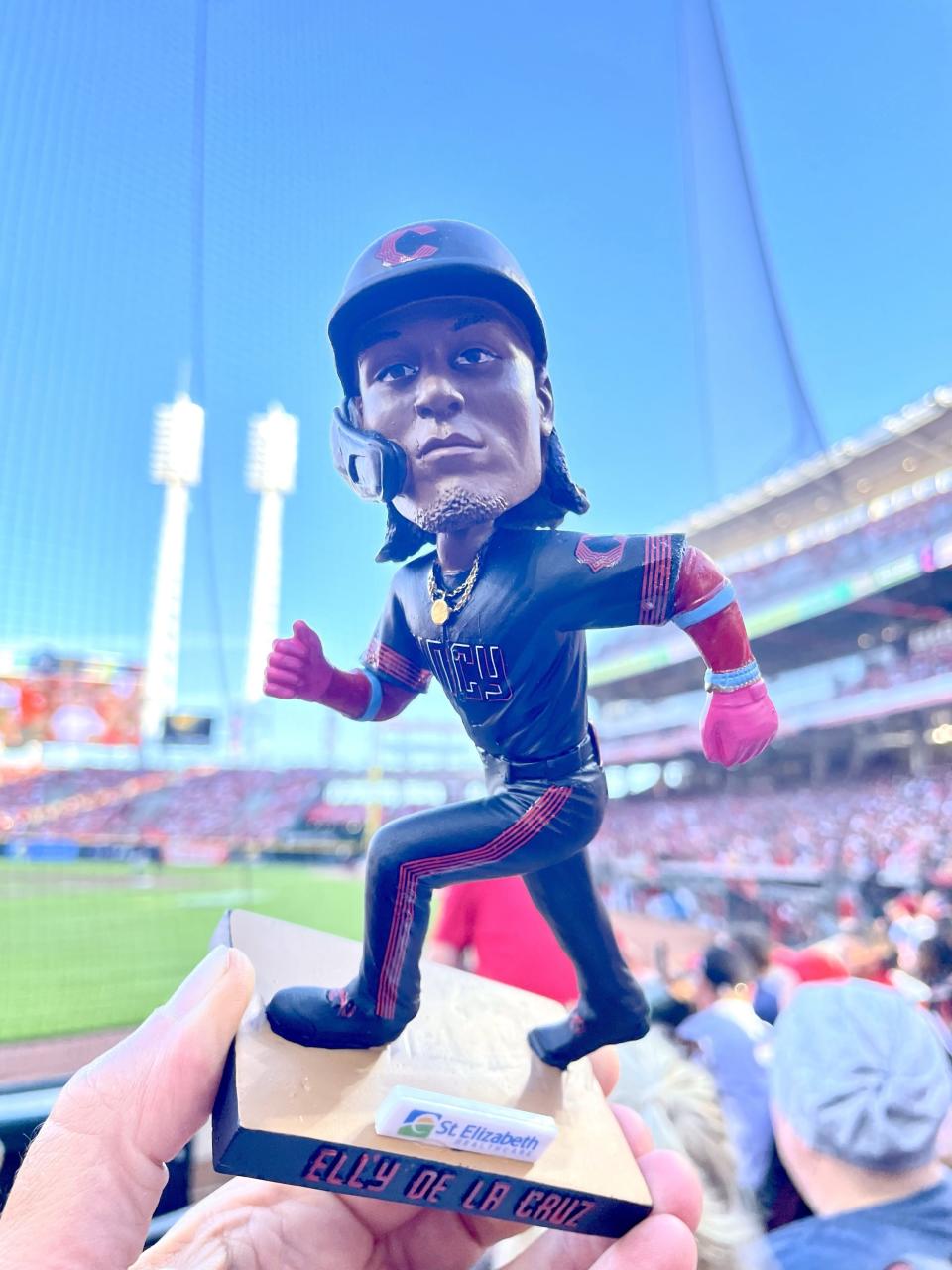 The Elly De La Cruz bobblehead given away on Wednesday at Great American Ball Park.