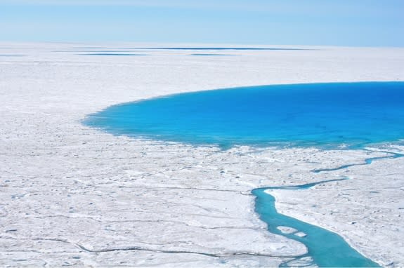 A supraglacial lake on the western margin of the Greenland Ice Sheet.