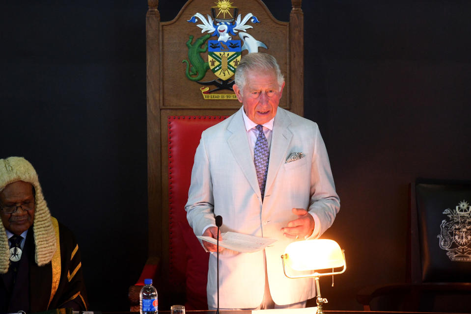 HONIARA, GUADALCANAL ISLAND, SOLOMON ISLANDS - NOVEMBER 25:  Prince Charles, Prince of Wales address the National Parliament of the Solomon Islands at Parliament House during day three of the royal visit to the Solomon Islands on November 25, 2019 in Honiara, Guadalcanal Island, Solomon Islands. The Prince of Wales and Duchess of Cornwall just finished a tour of New Zealand. It was their third joint visit to New Zealand and first in four years. The Prince is currently on a solo three day tour of The Solomon Islands. (Photo by  Victoria Jones - Pool/Getty Images)