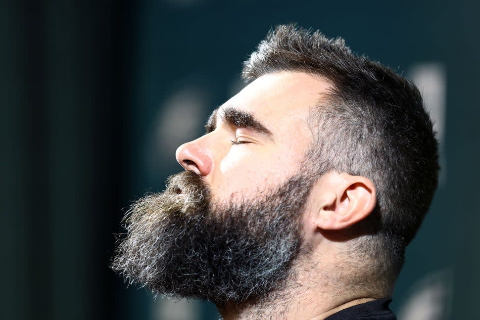 Jason Kelce #62 of the Philadelphia Eagles reacts after announcing his retirement from the NFL at NovaCare Complex on March 04, 2024 in Philadelphia, Pennsylvania.