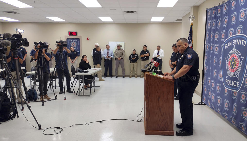 San Benito, Texas Chief of Police Mario Parea answers questions during a press conference Wednesday, Oct. 18, 2023, over the fatal shooting of San Benito Police Officer Lt. Milton Resendez, in San Benito, Texas. The two suspects — Rogelio Martinez Jr., 18, of Brownsville and Rodrigo Axel Espinosa Valdez, 23, of Mexico — are facing multiple charges including capital murder, aggravated assault with a deadly weapon and evading arrest. (Miguel Roberts/The Brownsville Herald via AP)