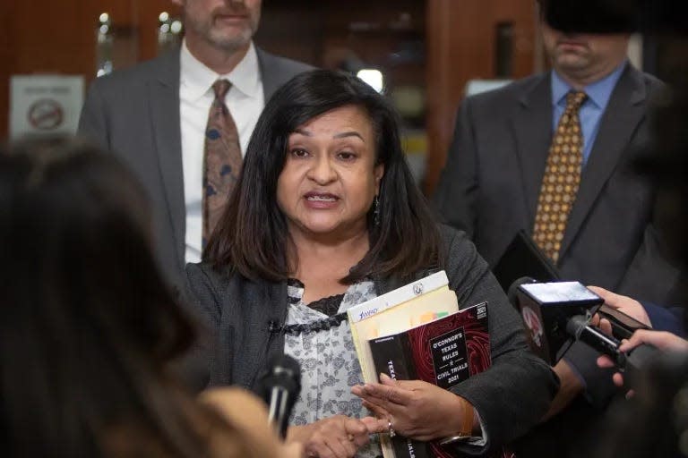 El Paso County Attorney Jo Anne Bernal speaks to media in November 2022 after former District Attorney Yvonne Rosales submitted her resignation.