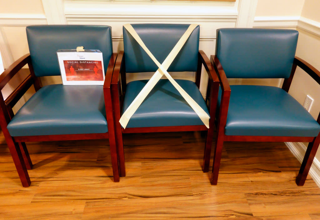 Social distancing chairs taped off in patient waiting area, Lenox Hill Hospital, New York City