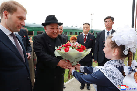 North Korean leader Kim Jong Un takes part in a welcoming ceremony at a railway station in Khasan, Russia in this undated photo released on April 24, 2019 by North Korea's Central News Agency (KCNA). KCNA via REUTERS