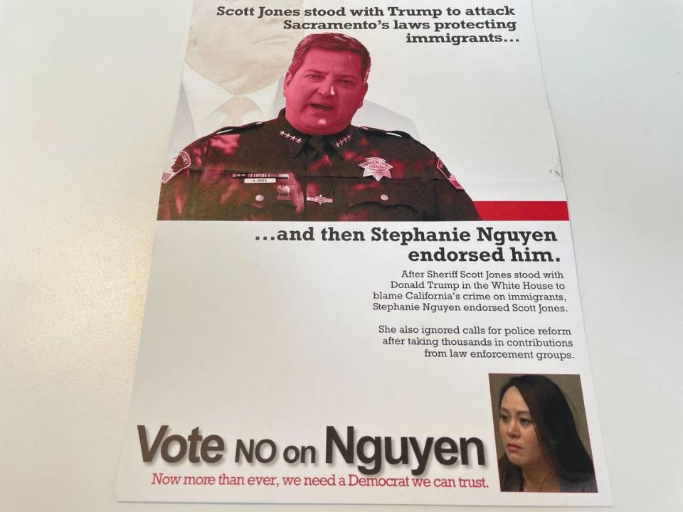 A mailer paid for by the Housing Providers for Responsible Solutions PAC tries to link Elk Grove City Councilwoman Stephanie Nguyen to Sacramento County Sheriff Scott Jones and former President Donald Trump.