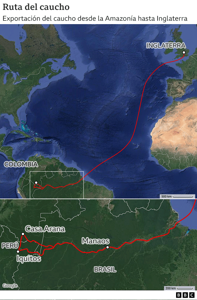 mapa ruta del caucho desde Amazonas hasta Inglaterra