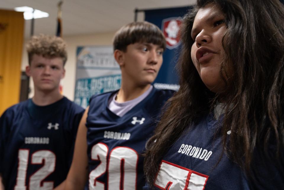 DL Martin Munoz (right, Coronado) answers a question during football media day on Aug. 10, 2023, at the Scottsdale Unified School District Mohave District Annex in Scottsdale.