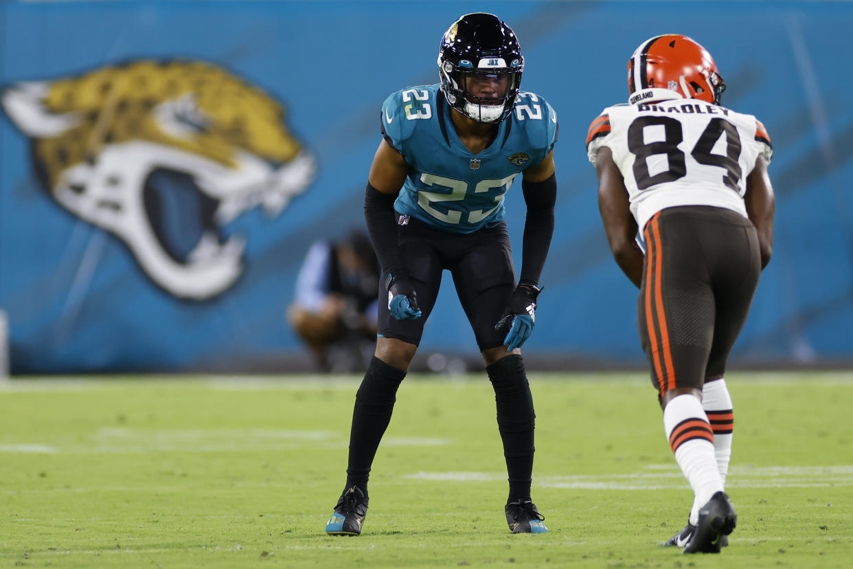 CJ Henderson (23) was traded from Jacksonville to Carolina. (Photo by David Rosenblum/Icon Sportswire via Getty Images)