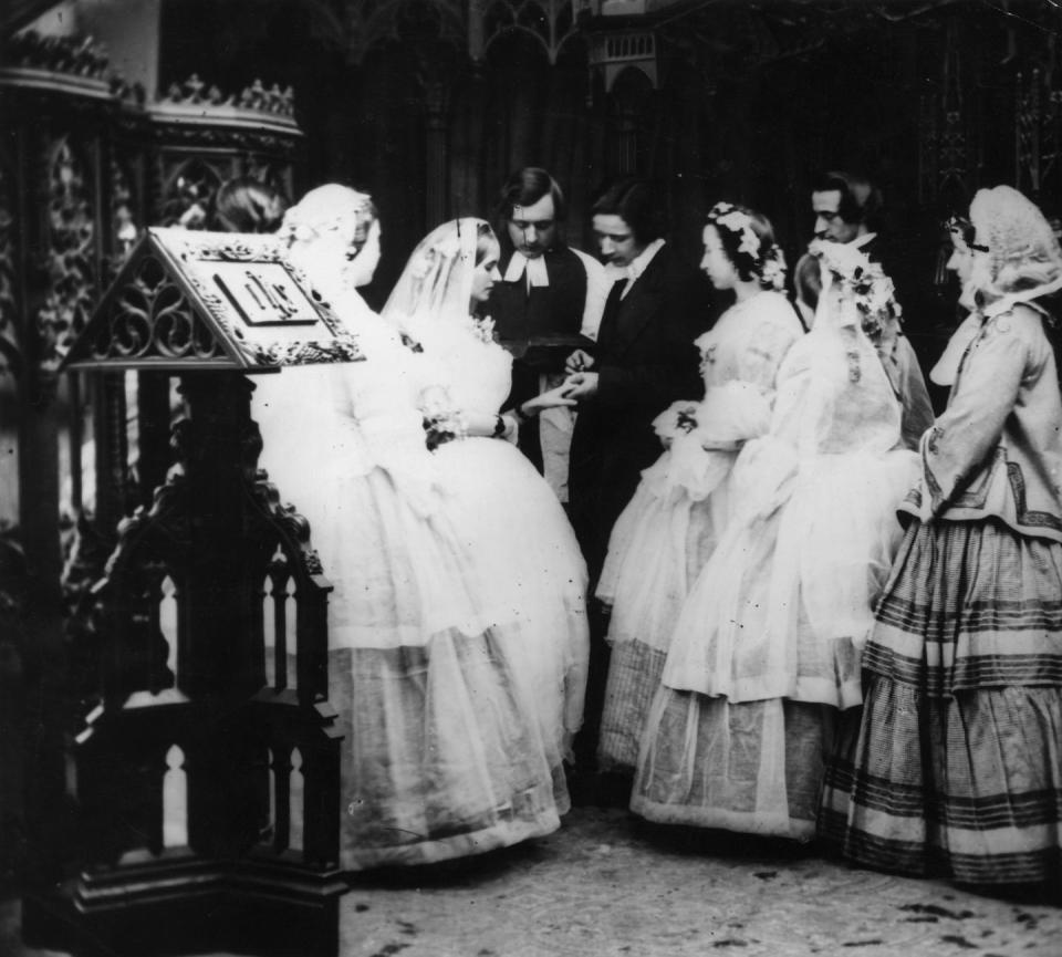 <p>In a Victorian wedding, the bride and bridesmaids typically wore coronets in their hair and the veil was attached to the top of the head. It was typical for the bride to wear orange blossoms, while bridesmaids usually <a href="http://www.avictorian.com/weddingattire.html" rel="nofollow noopener" target="_blank" data-ylk="slk:wore roses or in-season flowers;elm:context_link;itc:0;sec:content-canvas" class="link ">wore roses or in-season flowers</a>. </p>