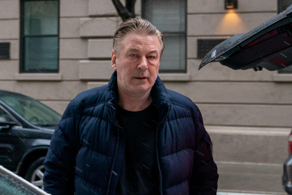 Alec Baldwin pictured in New York on Tuesday as prosecutors are expected to file formal charges for his role in Halyna Hutchins&#39;s death on Rust. 