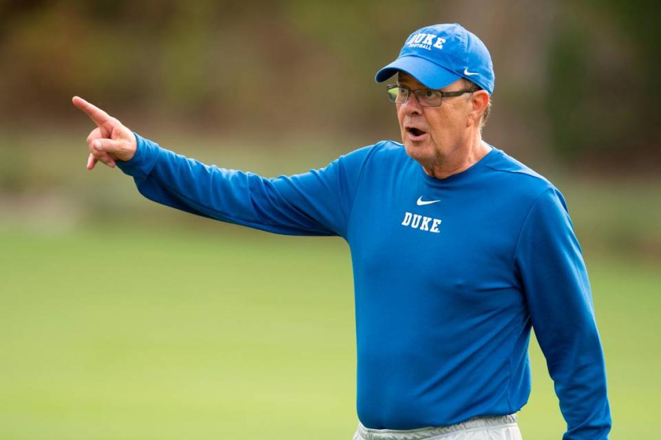 Duke coach David Cutcliffe gives instructions as Duke holds its first football practice of the season Friday, August 2, 2019.