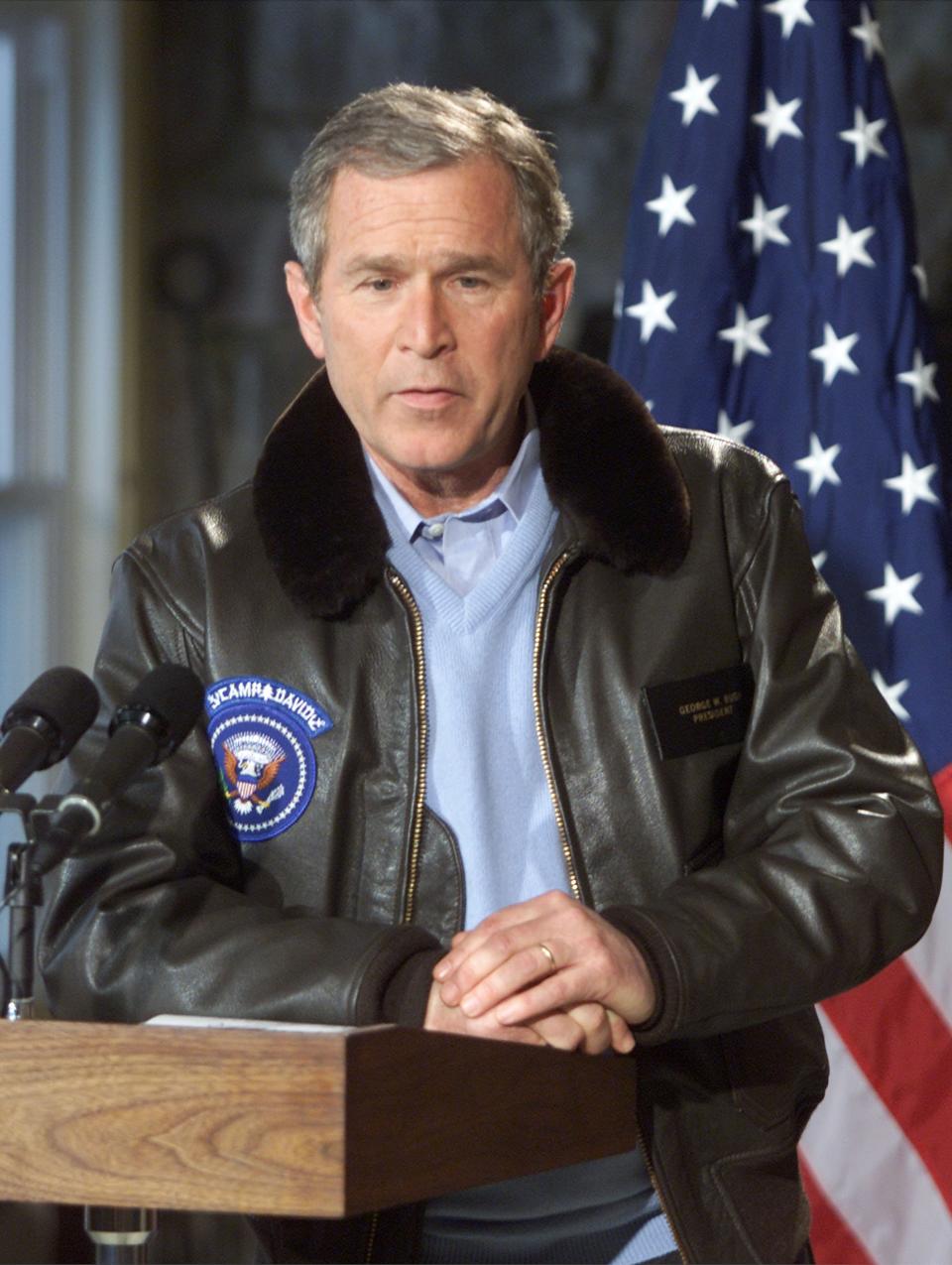 The 43rd president of the United States, George W. Bush, during a news conference with British Prime Minister, Tony Blair, at Camp David in Maryland, February 23, 2001.