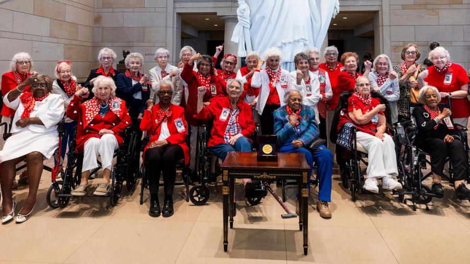 PHOTO: Twenty-eight so-called 'Rosie the Riveters,' women who entered the US defense workforce during WWII, pose for a group photo ahead of a Congressional Gold Medal ceremony honoring their service in the US Capitol, in Washington, D.C., April 10, 2024. (Jim Lo Scalzo/EPA via Shutterstock)