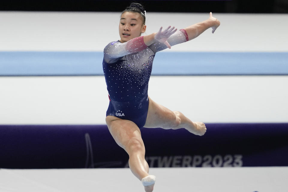 United States' Leanne Wong competes on the floor during the women's team final at the Artistic Gymnastics World Championships in Antwerp, Belgium, Wednesday, Oct. 4, 2023. (AP Photo/Virginia Mayo)