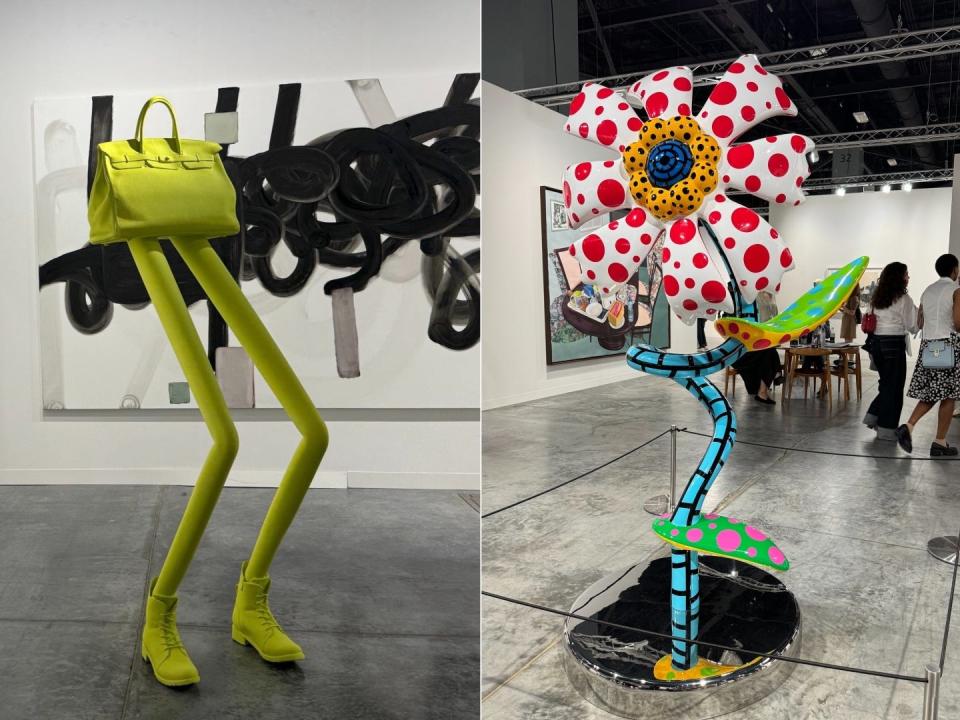 Split image shows pieces from an art show: a yellow purse with legs (left) and a giant flower (right).