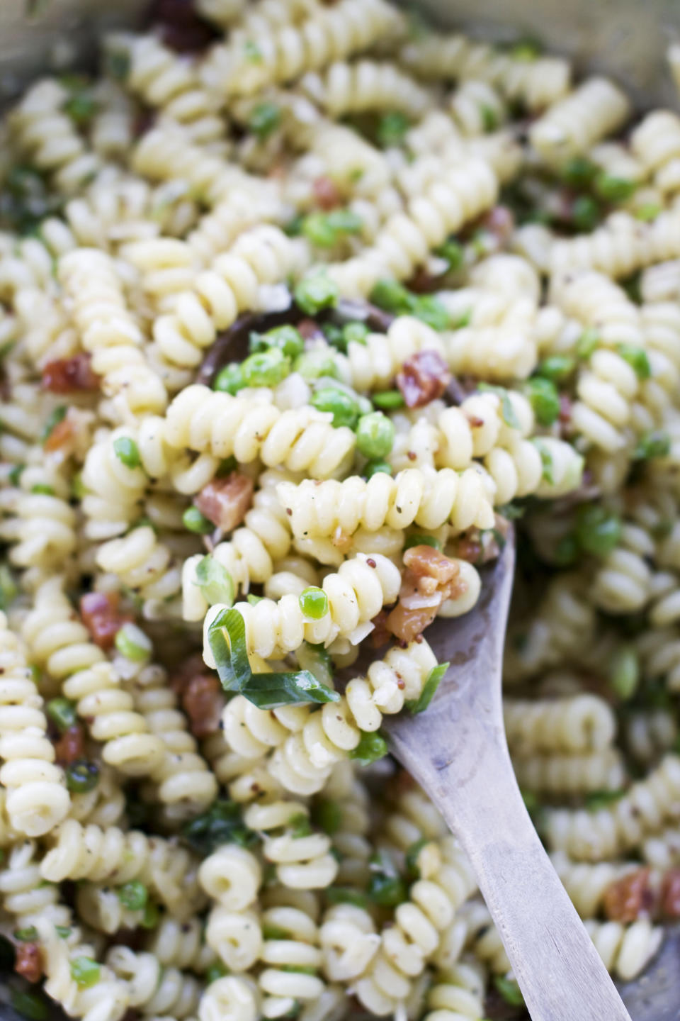 This image taken on April 29, 2013, shows carbonara pasta salad in a serving dish in Concord, N.H. (AP Photo/Matthew Mead)